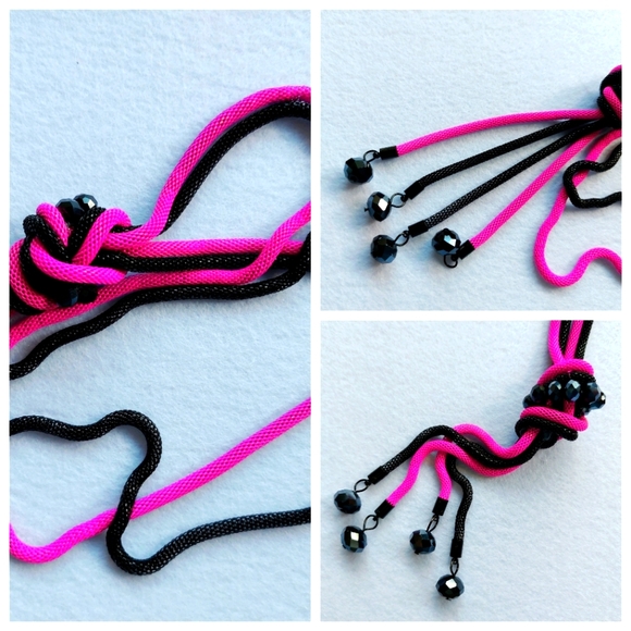 Necklace Pink Fuchsia Black Chain Long Necklace Thick Linked Multi-Tone Strand - Picture 3 of 11